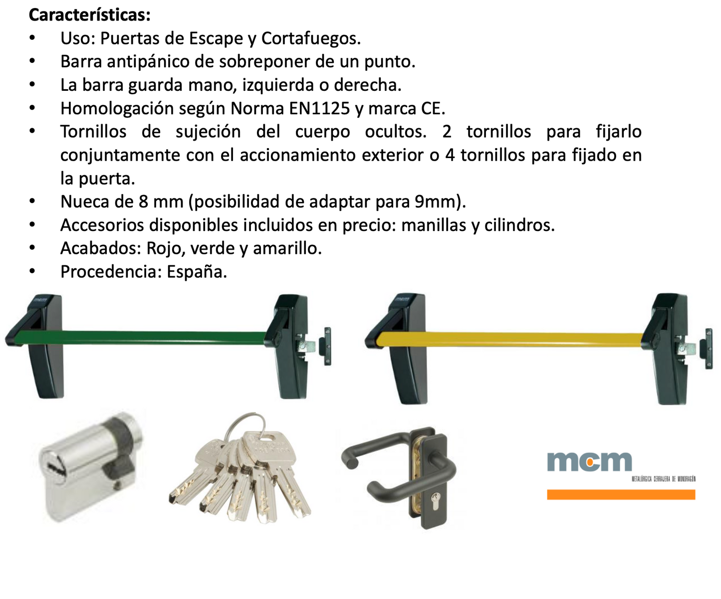 Barra Antipánico Push de sobreponer con cierre lateral. Soporte Negro - Barra Verde MCM España