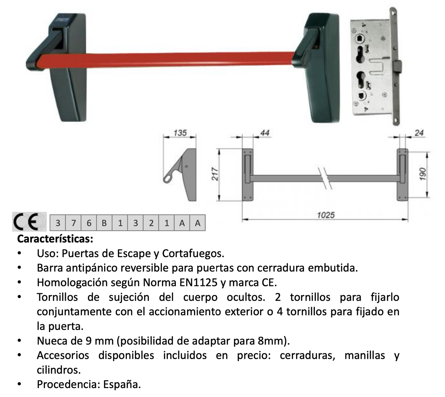 Barra Push Antipánico de embutir con cierre lateral. Soporte Negro - Barra Verde MCM España